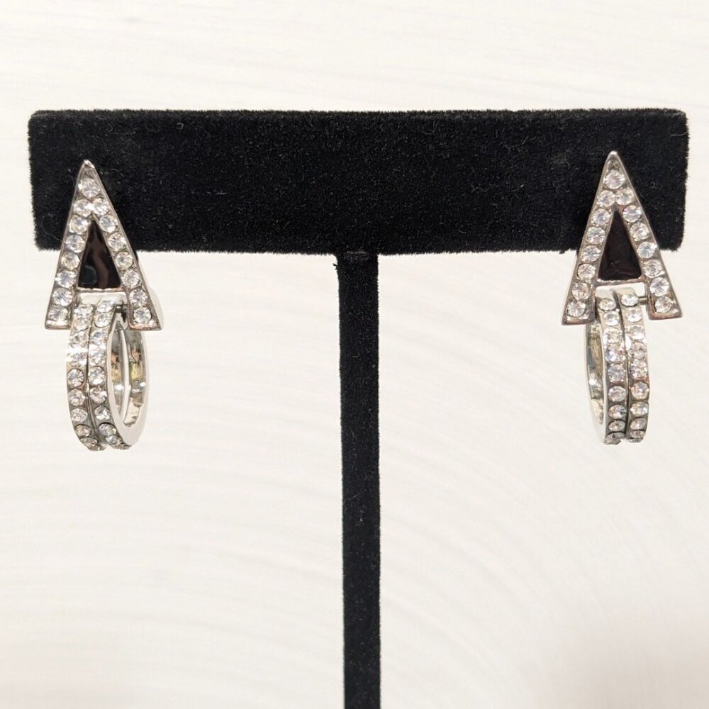 Retro Art Deco Black Triangle Rhinestone Pave Hoop Dangle Earrings